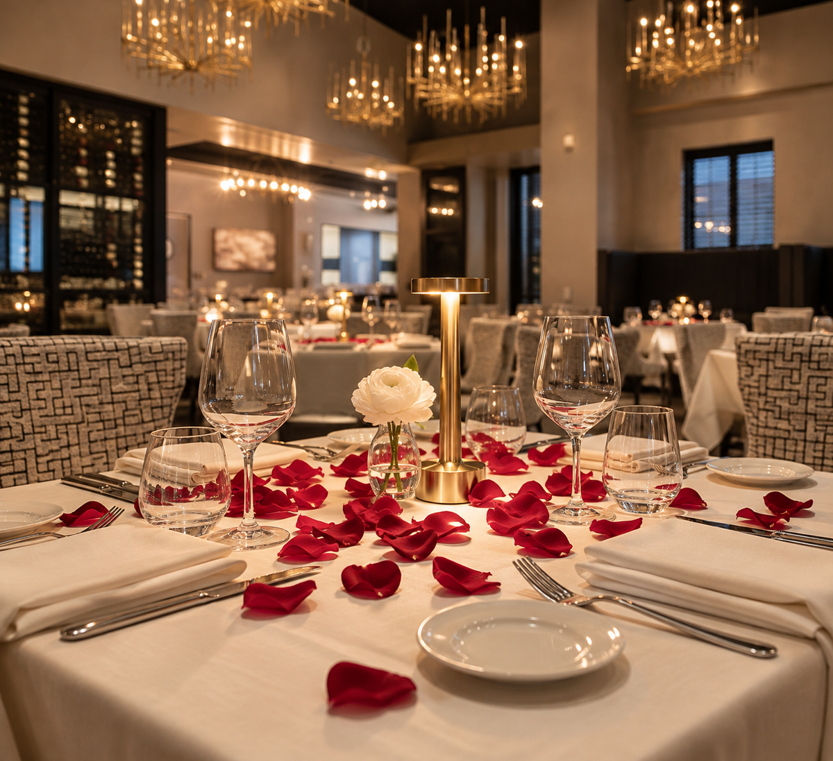Illustrative Potente-inspired dining table decorated with red rose petals